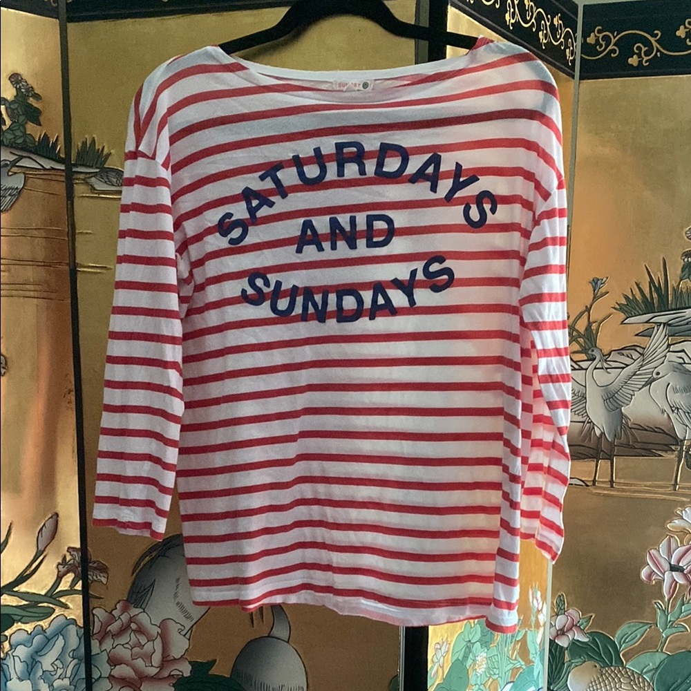 “Saturdays and Sundays” Red and White Striped Sundry Shirt